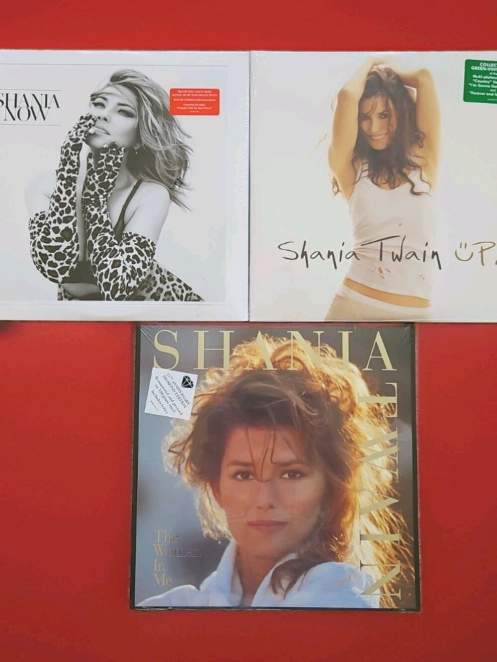Lot of 3 Shania Twain Records (New): Now, The Woman in Me, Up! Green